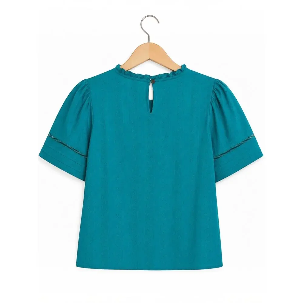 LOFT Green Eyelet Blouse XS 100% Cotton Ruffle Neck Puff Sleeve